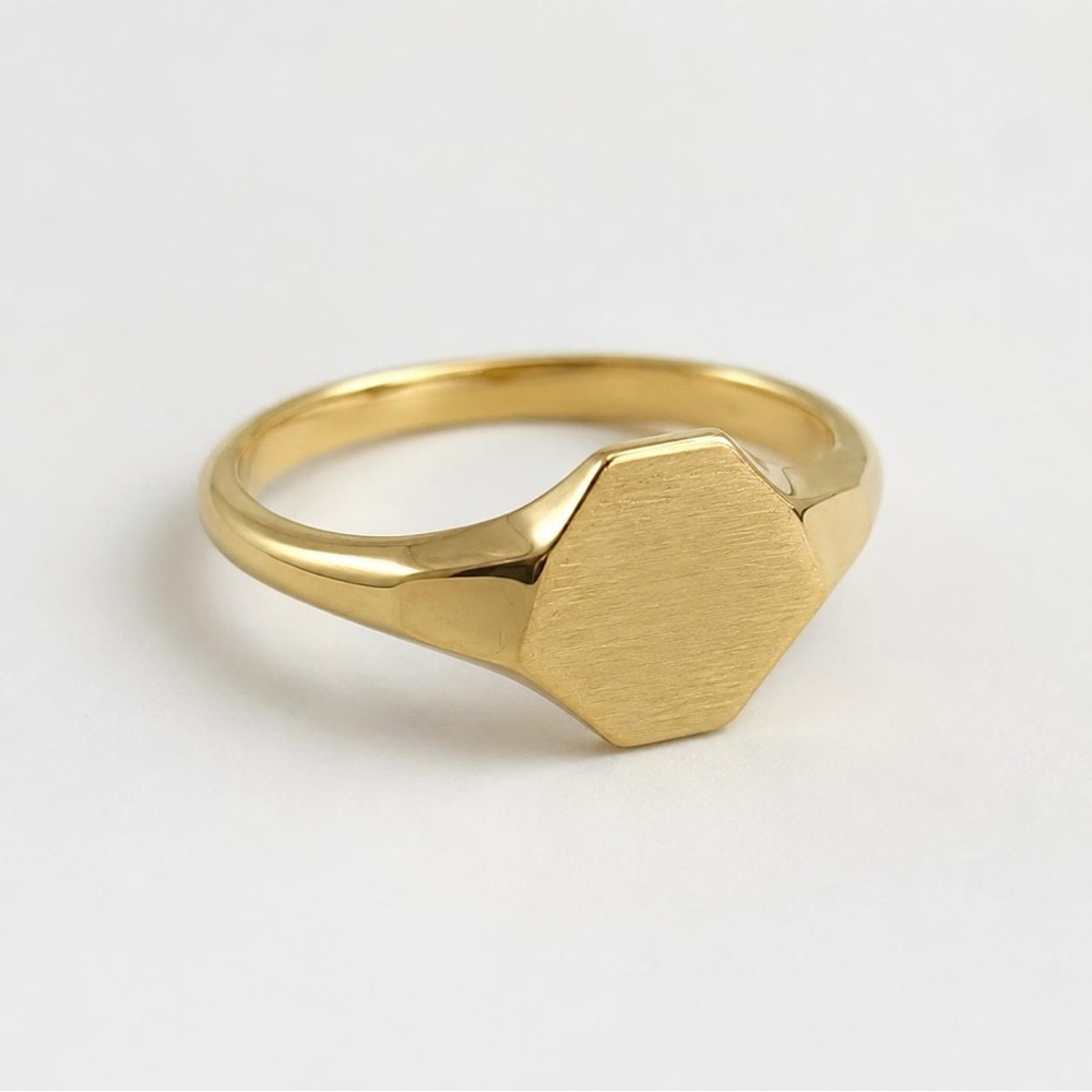 14K Real Gold Hexagonal Signet Ring Engravable Polished Finish Size 10 , 11